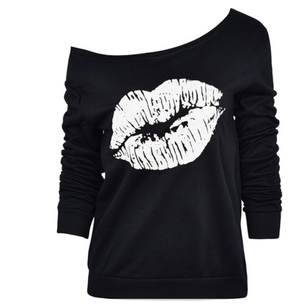 Jialili Women's Long Sleeve Printed Skew Neck Off Shoulder Lip Print Shirt M NWT